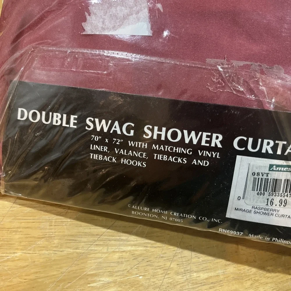 Vtg Maroon Red Double Swag Shower Curtain Set‎ NOS 80s 90s Cottagecore Tieback